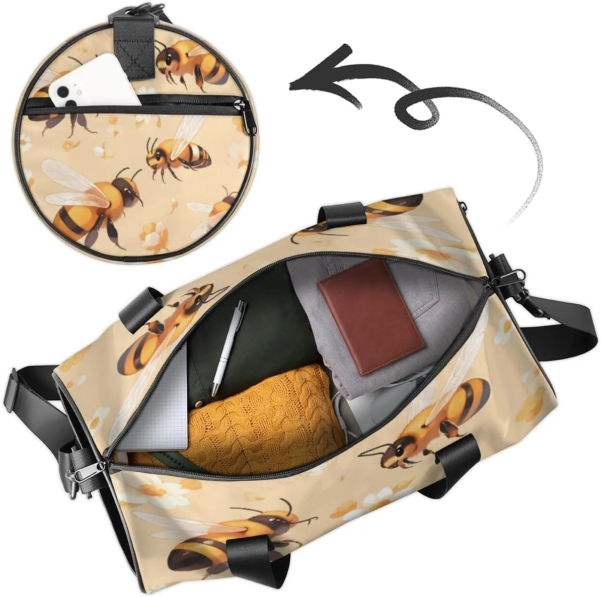 Custom Dance Duffel Bag Sport Backpacks Gyms and Weekend Overnight Travel Duffle Bag Birthday Christmas Halloween Waterproof, Cute Bee Print