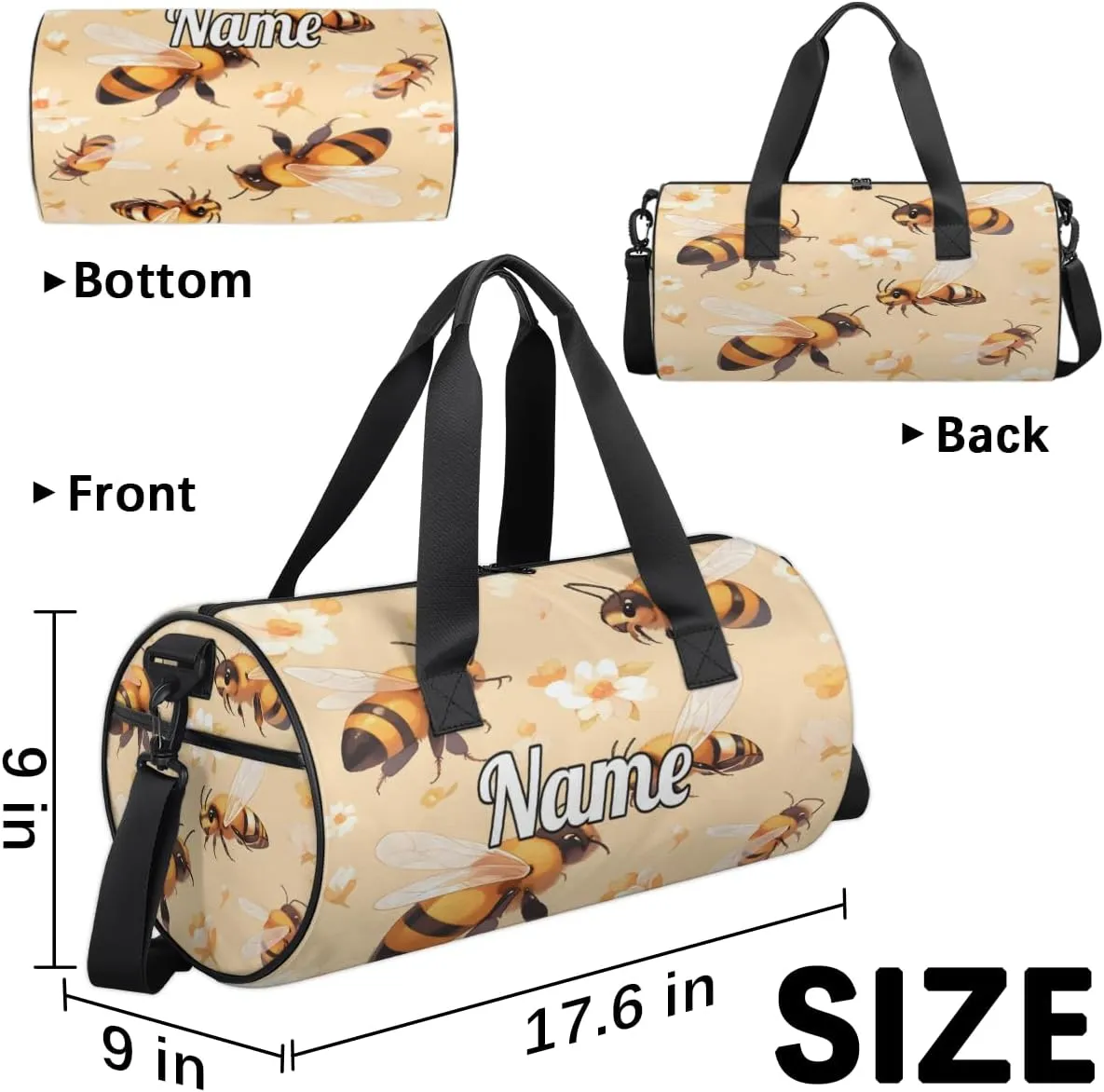 Custom Dance Duffel Bag Sport Backpacks Gyms and Weekend Overnight Travel Duffle Bag Birthday Christmas Halloween Waterproof, Cute Bee Print