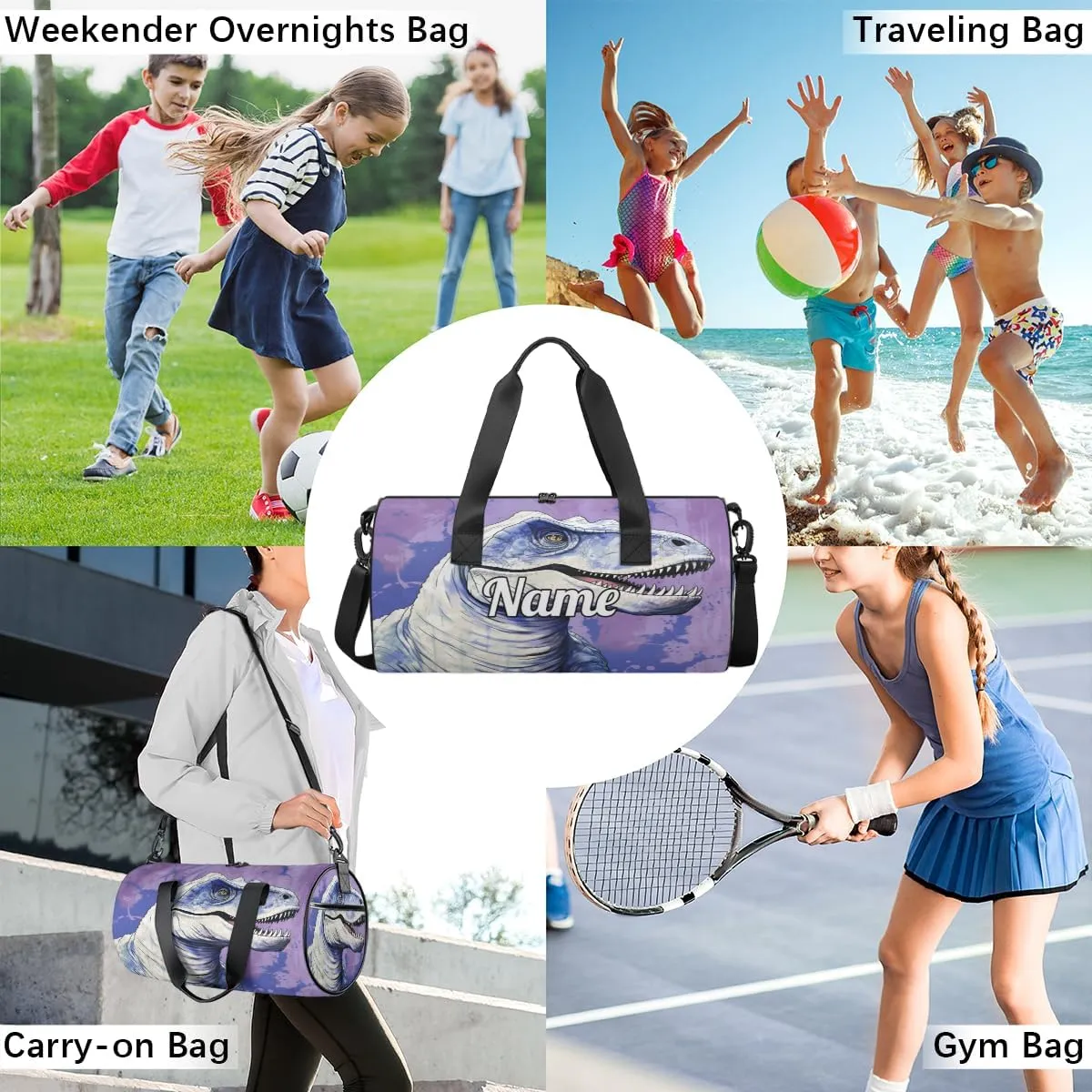 Custom Dance Duffel Bag Sport Backpacks Gyms and Weekend Overnight Travel Duffle Bag Birthday Christmas Halloween Waterproof, Dinosaur Cute
