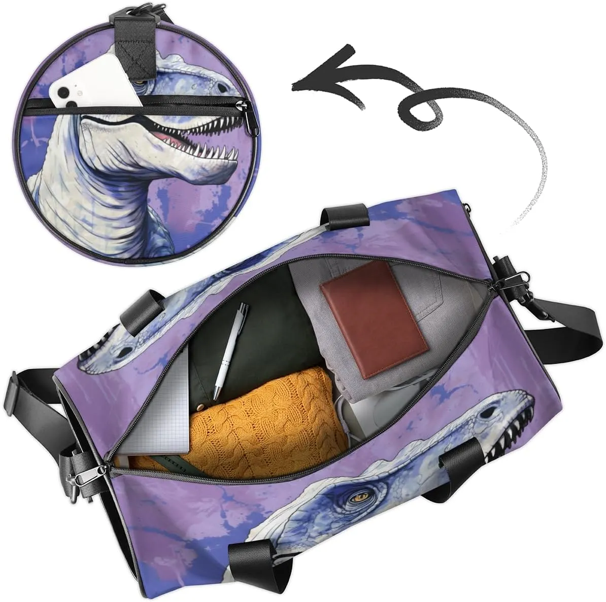 Custom Dance Duffel Bag Sport Backpacks Gyms and Weekend Overnight Travel Duffle Bag Birthday Christmas Halloween Waterproof, Dinosaur Cute