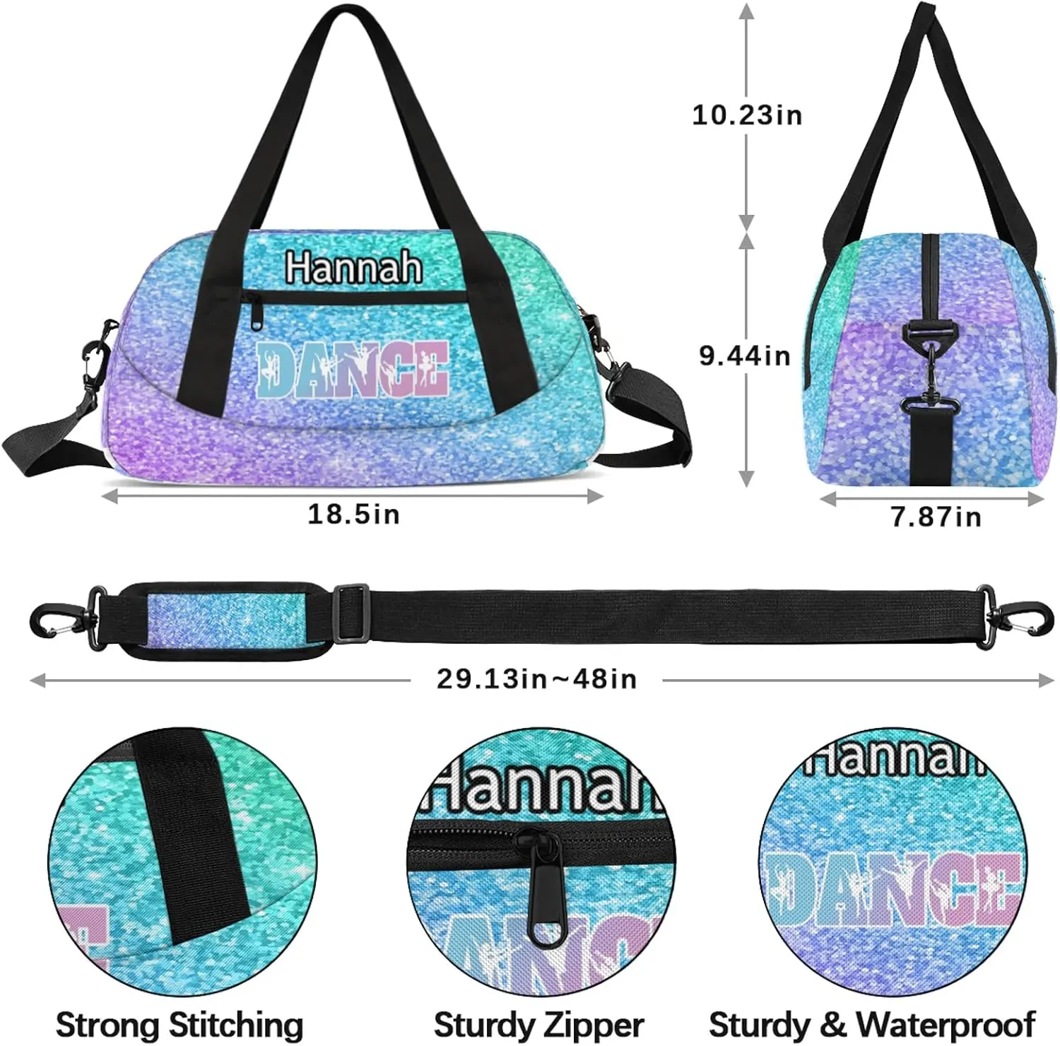 Custom Dance Duffel Bag with Name Personalized Sport Gym Bags Waterproof Customized Travel Duffel Bags Overnight Weekender Carry-On Tote 18.5in, Light Blue