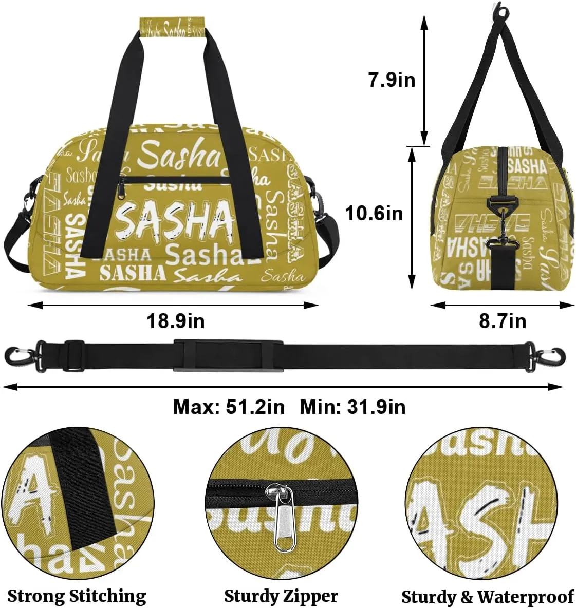 Custom Dance Gym Bags for Women, Personalized Name Sport Duffel Bag Weekender Bags Travel Duffel Bag Brown Gifts