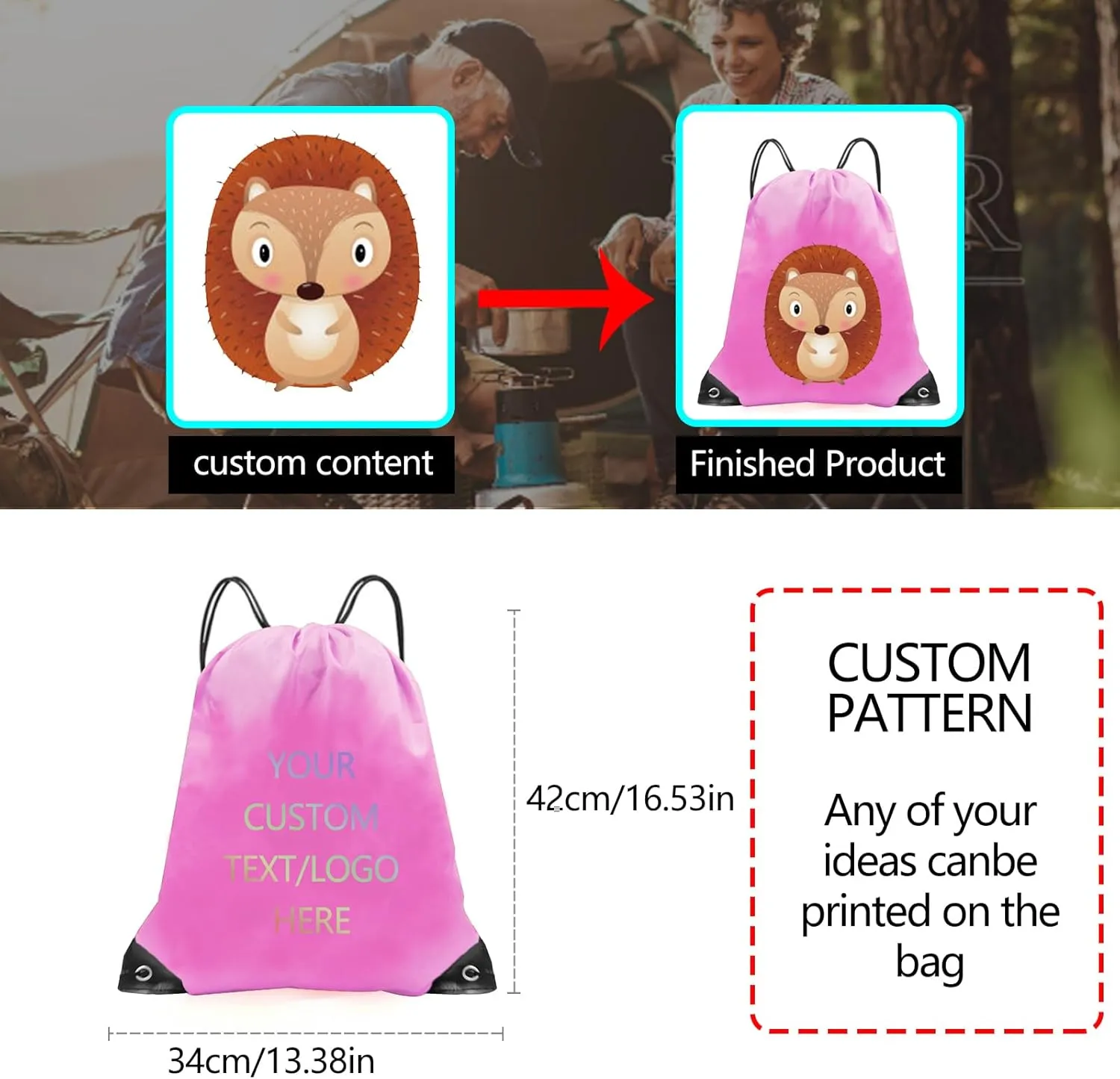 Custom drawstring backpack with your logo - personalized promotional bag, durable and spacious for gym/daily use/travel (Pink)