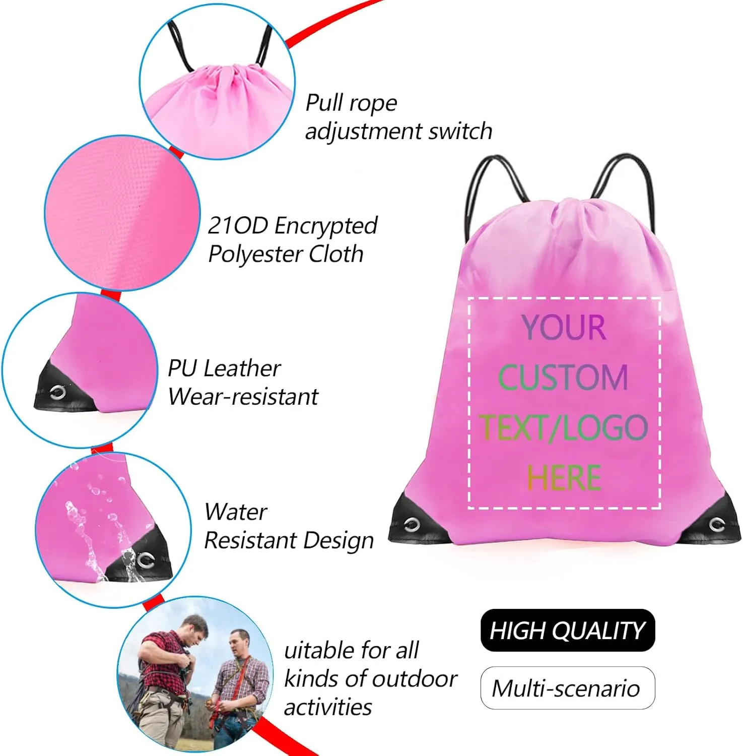Custom drawstring backpack with your logo - personalized promotional bag, durable and spacious for gym/daily use/travel (Pink)