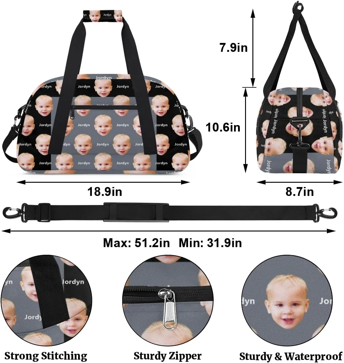 Custom Face Photo and Name Sports Gym Bag for Boys, Personalized Sports Gym Duffel Tote Workout Bag Named Rank Travel Overnight Training Bag, Black and Grey