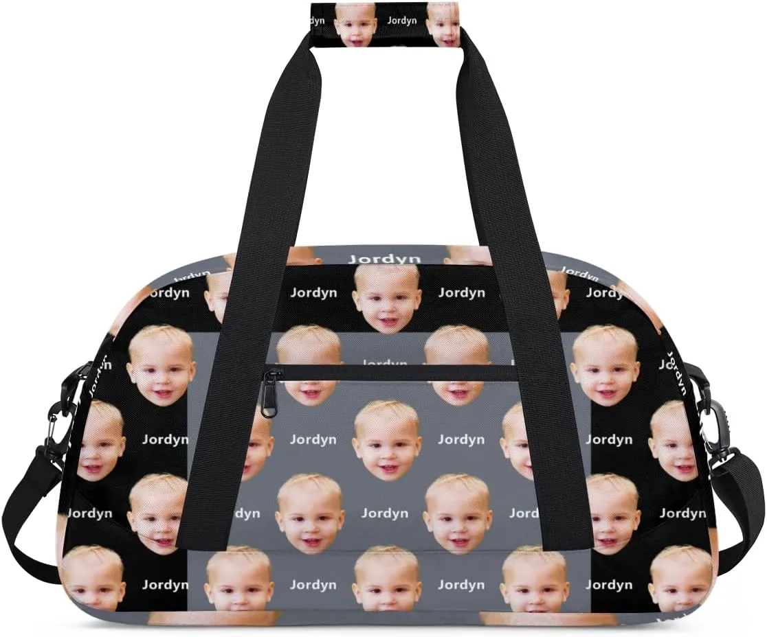 Custom Face Photo and Name Sports Gym Bag for Boys, Personalized Sports Gym Duffel Tote Workout Bag Named Rank Travel Overnight Training Bag, Black and Grey
