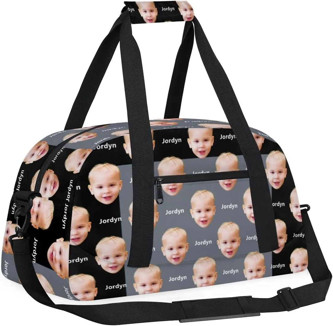 Custom Face Photo and Name Sports Gym Bag for Boys, Personalized Sports Gym Duffel Tote Workout Bag Named Rank Travel Overnight Training Bag, Black and Grey