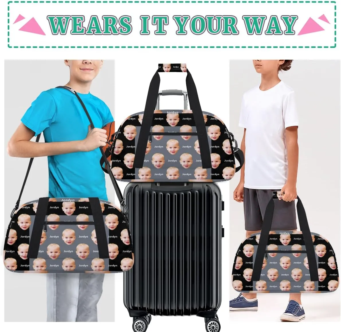 Custom Face Photo and Name Sports Gym Bag for Boys, Personalized Sports Gym Duffel Tote Workout Bag Named Rank Travel Overnight Training Bag, Black and Grey