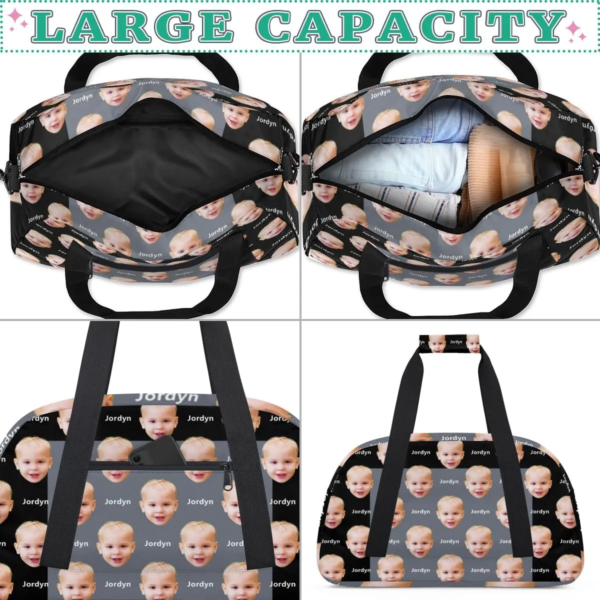 Custom Face Photo and Name Sports Gym Bag for Boys, Personalized Sports Gym Duffel Tote Workout Bag Named Rank Travel Overnight Training Bag, Black and Grey