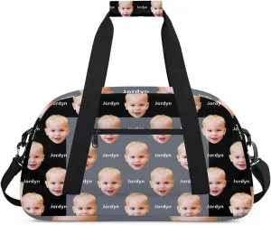 Custom Face Photo and Name Sports Gym Bag for Boys, Personalized Sports Gym Duffel Tote Workout Bag Named Rank Travel Overnight Training Bag, Black and Grey