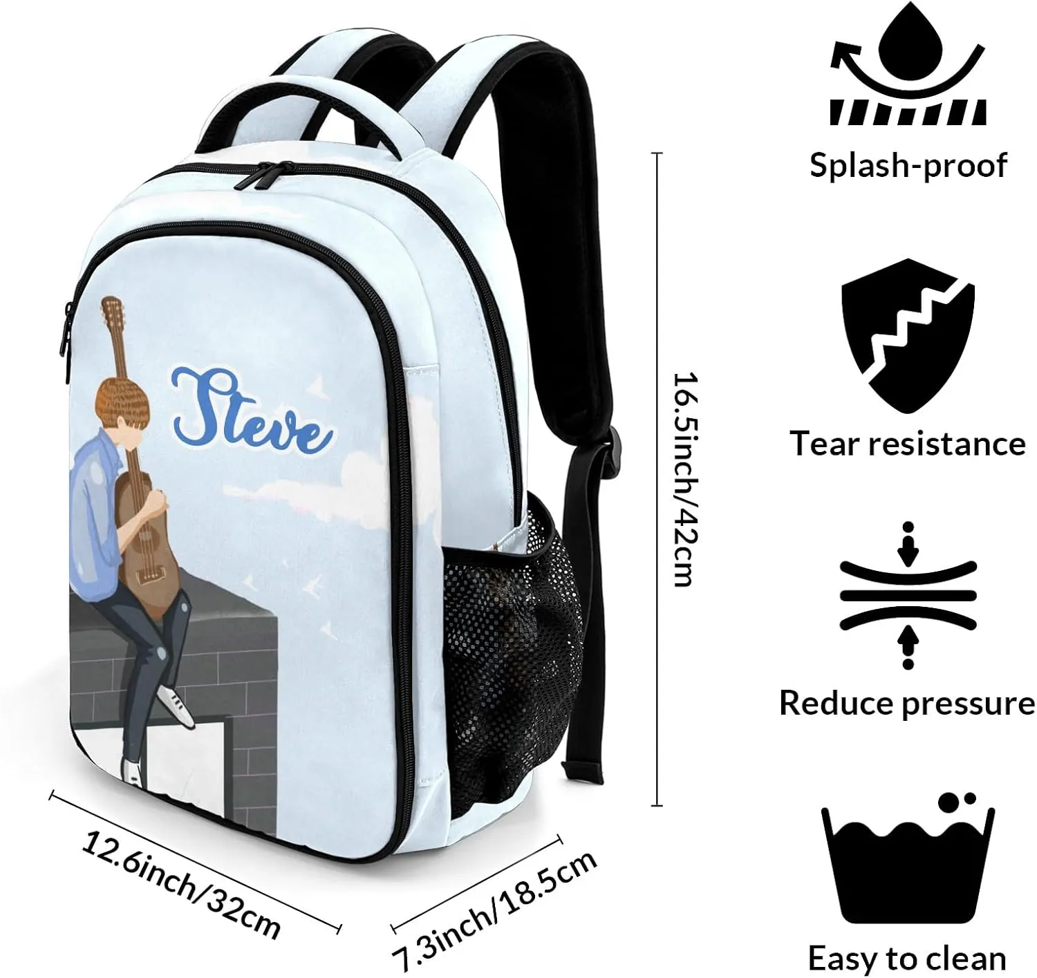 Custom Guitar Lonely Boy Loves Music Backpack Custom Multifunctional Waterproof Laptop Bag for Travel Gift