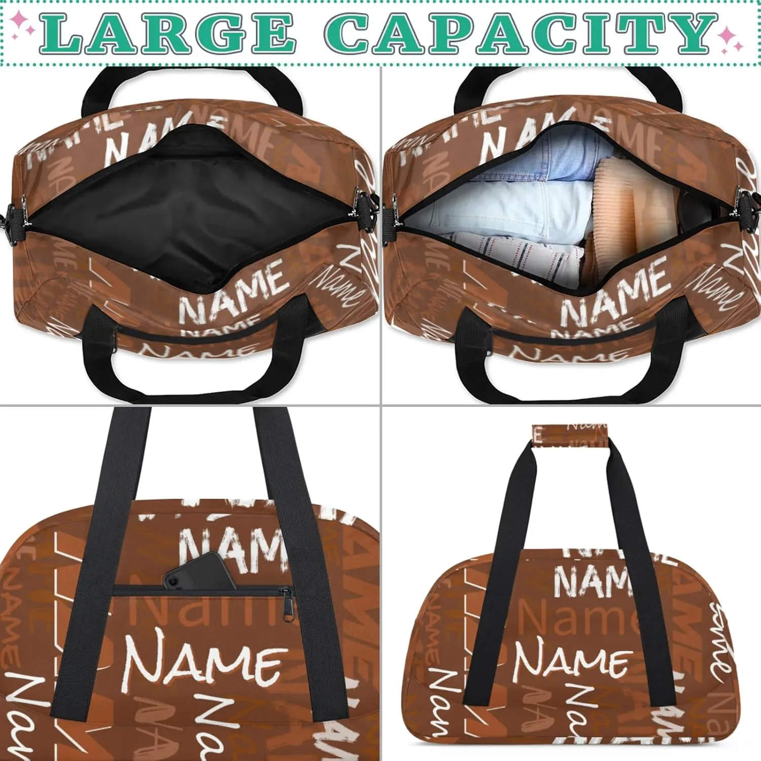 Custom Gym Bag, Personalized Sports Duffel Bag, Waterproof Lightweight Shoulder Weekender Bag, Travel Bag, Carry on Training Bag for Women Men Brown
