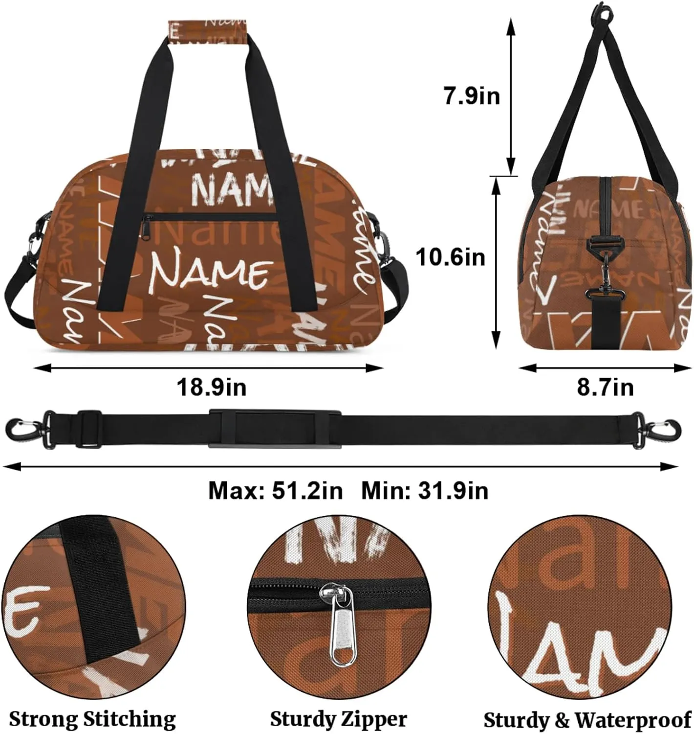 Custom Gym Bag, Personalized Sports Duffel Bag, Waterproof Lightweight Shoulder Weekender Bag, Travel Bag, Carry on Training Bag for Women Men Brown