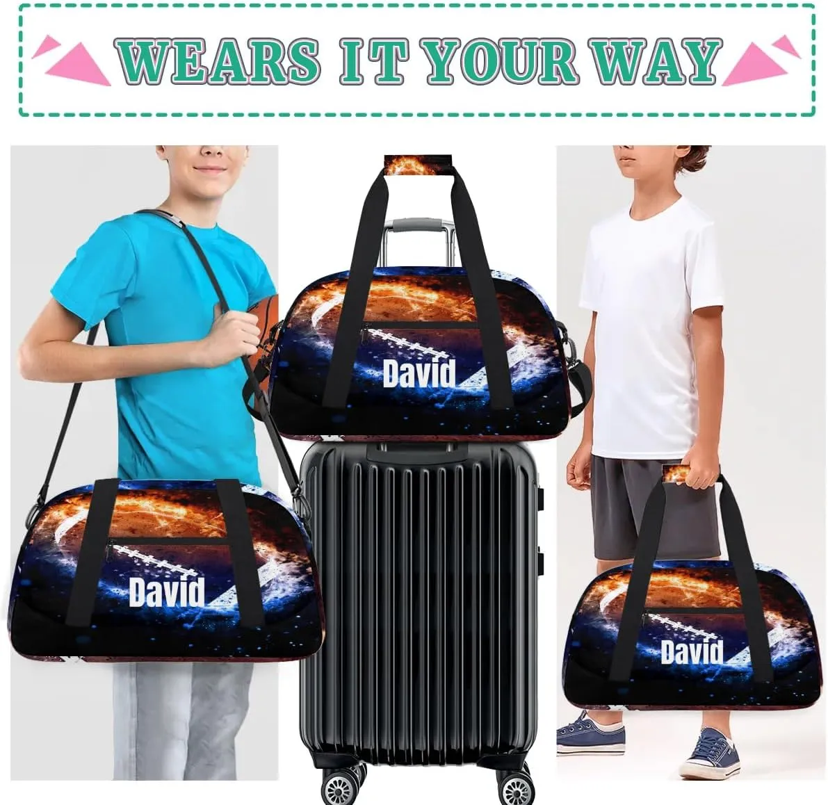Custom Kids Duffel Bag Sport Gym Bag, Personalized Carry On Weekender Bag Travel Bag Gift for Girl Boys Ice Fire Football