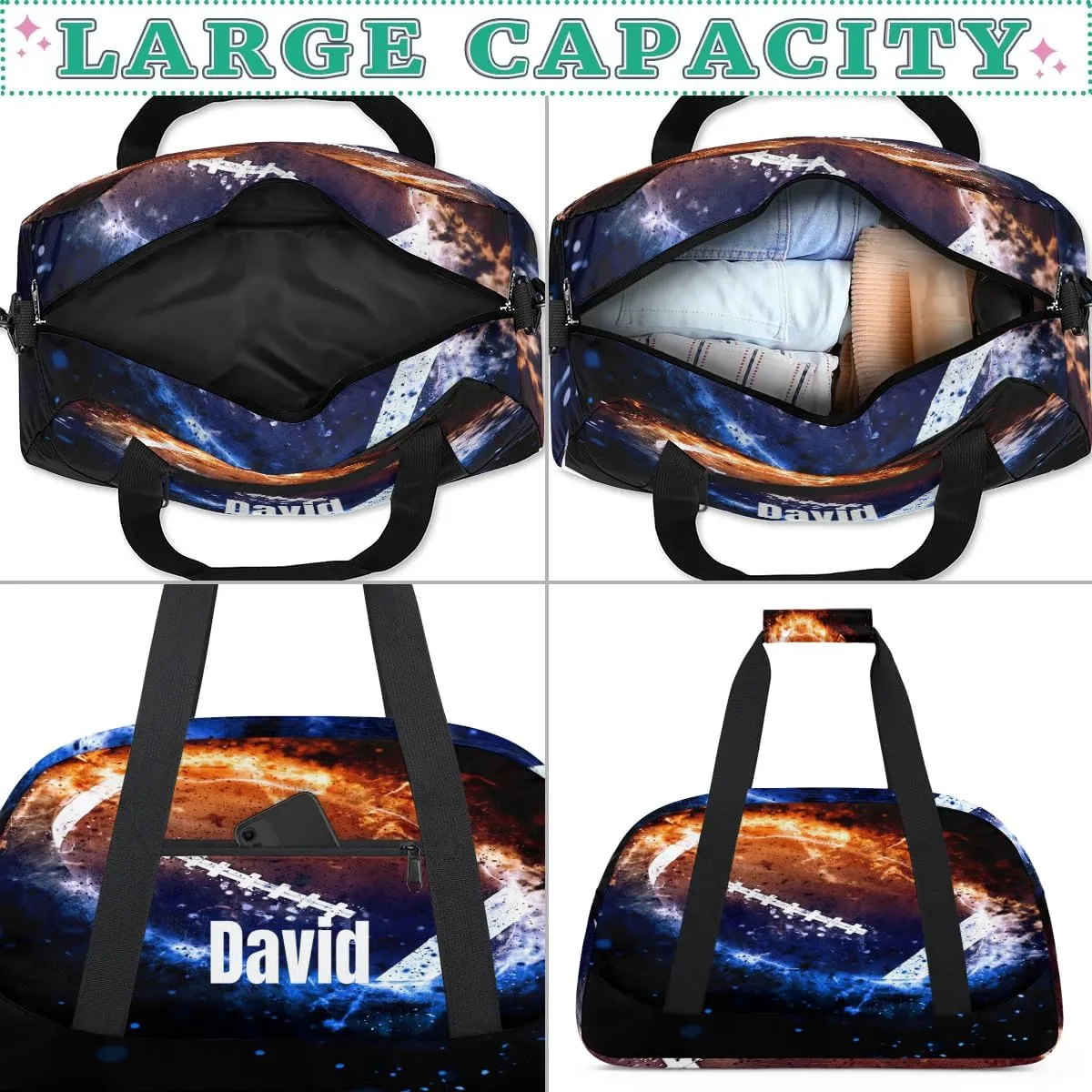 Custom Kids Duffel Bag Sport Gym Bag, Personalized Carry On Weekender Bag Travel Bag Gift for Girl Boys Ice Fire Football