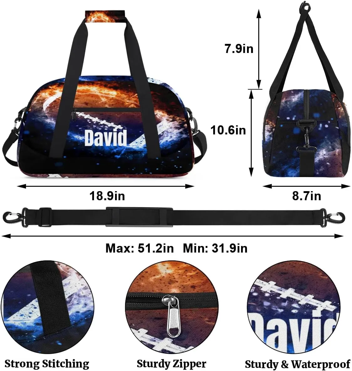Custom Kids Duffel Bag Sport Gym Bag, Personalized Carry On Weekender Bag Travel Bag Gift for Girl Boys Ice Fire Football