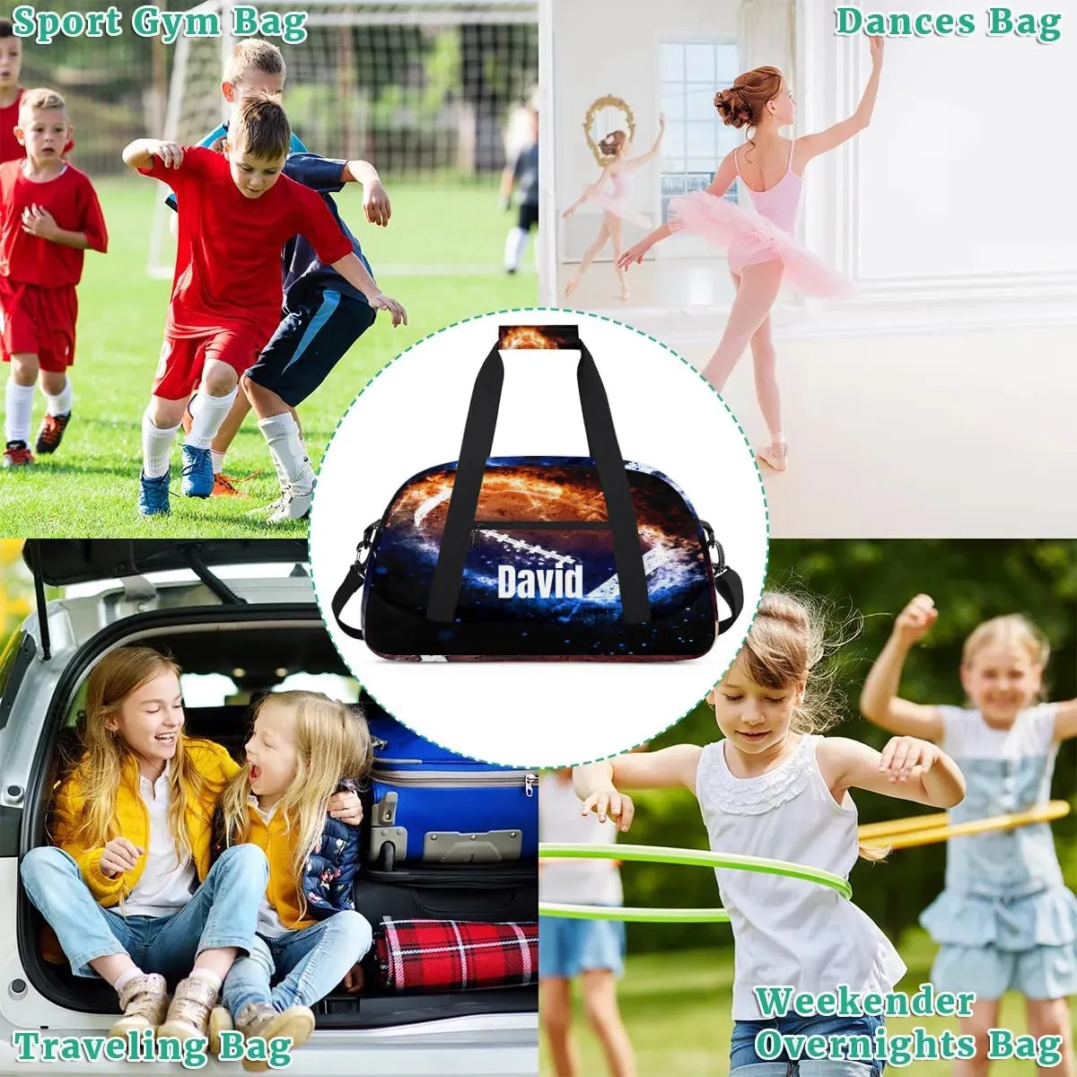 Custom Kids Duffel Bag Sport Gym Bag, Personalized Carry On Weekender Bag Travel Bag Gift for Girl Boys Ice Fire Football