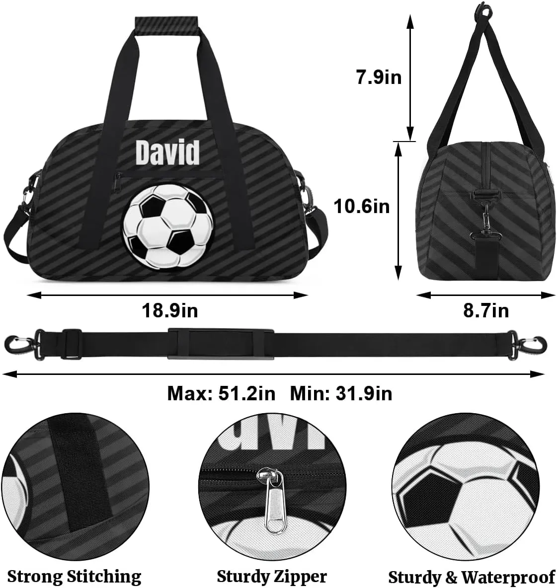 Custom Kids Duffel Bag Sport Gym Bag, Personalized Carry On Weekender Bag Travel Bag Gift for Girl Boys Soccer Ball Strip