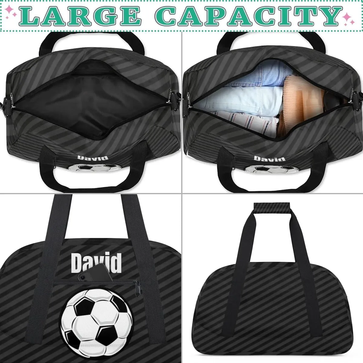 Custom Kids Duffel Bag Sport Gym Bag, Personalized Carry On Weekender Bag Travel Bag Gift for Girl Boys Soccer Ball Strip