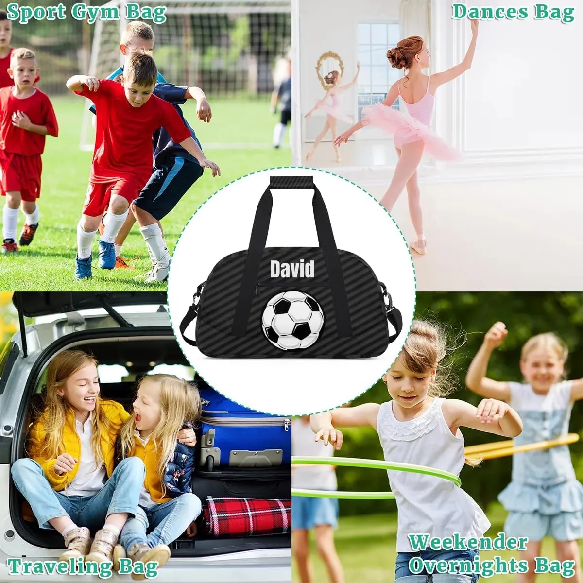 Custom Kids Duffel Bag Sport Gym Bag, Personalized Carry On Weekender Bag Travel Bag Gift for Girl Boys Soccer Ball Strip