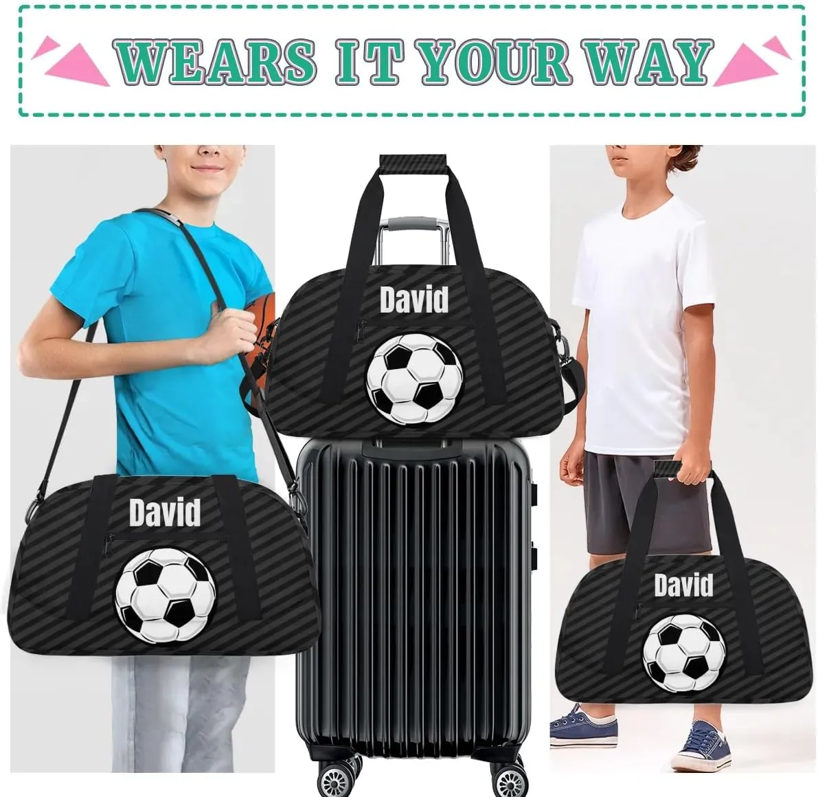 Custom Kids Duffel Bag Sport Gym Bag, Personalized Carry On Weekender Bag Travel Bag Gift for Girl Boys Soccer Ball Strip