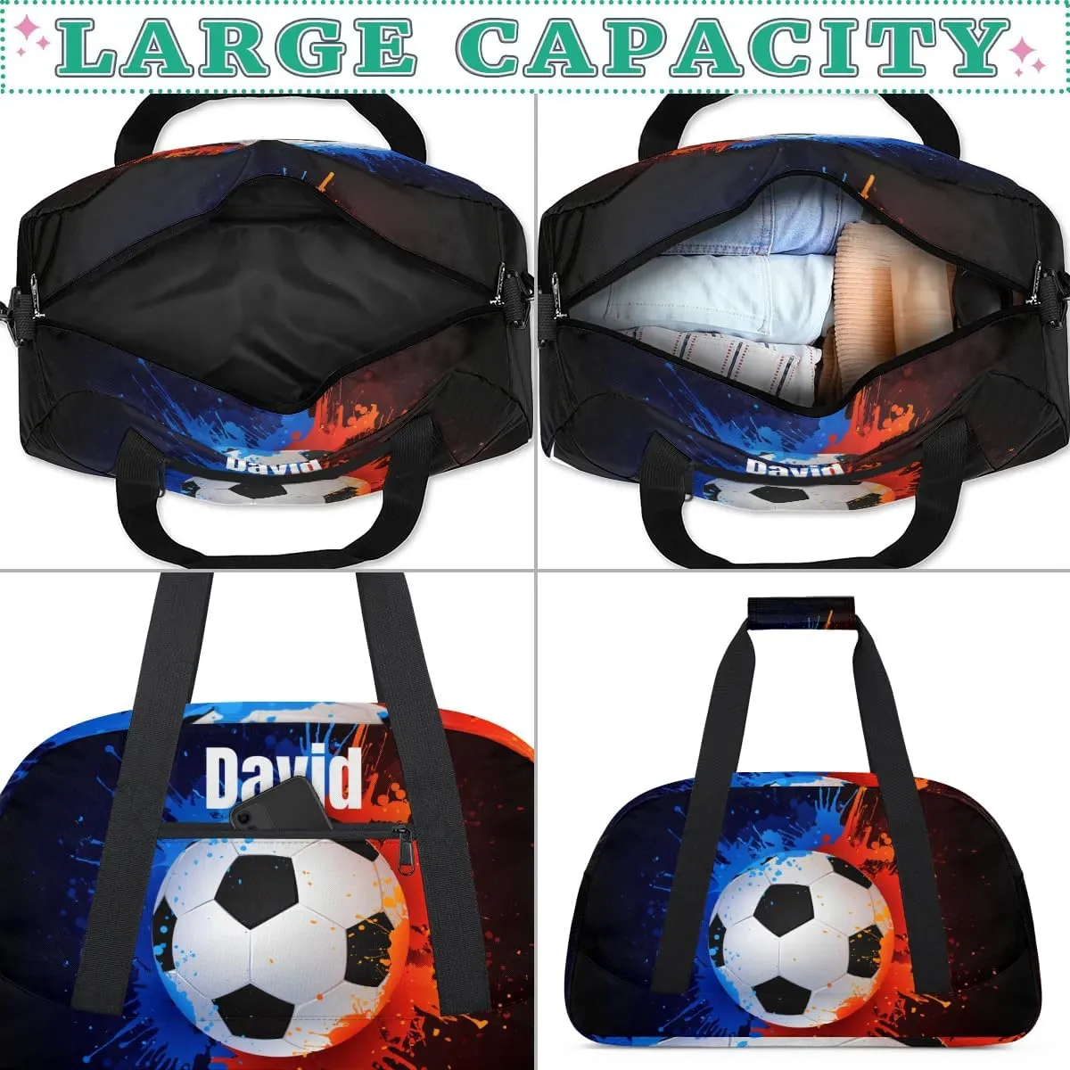 Custom Kids Duffel Bag Sport Gym Bag, Personalized Carry On Weekender Bag Travel Bag Gift for Girl Boys Water Fire Soccer