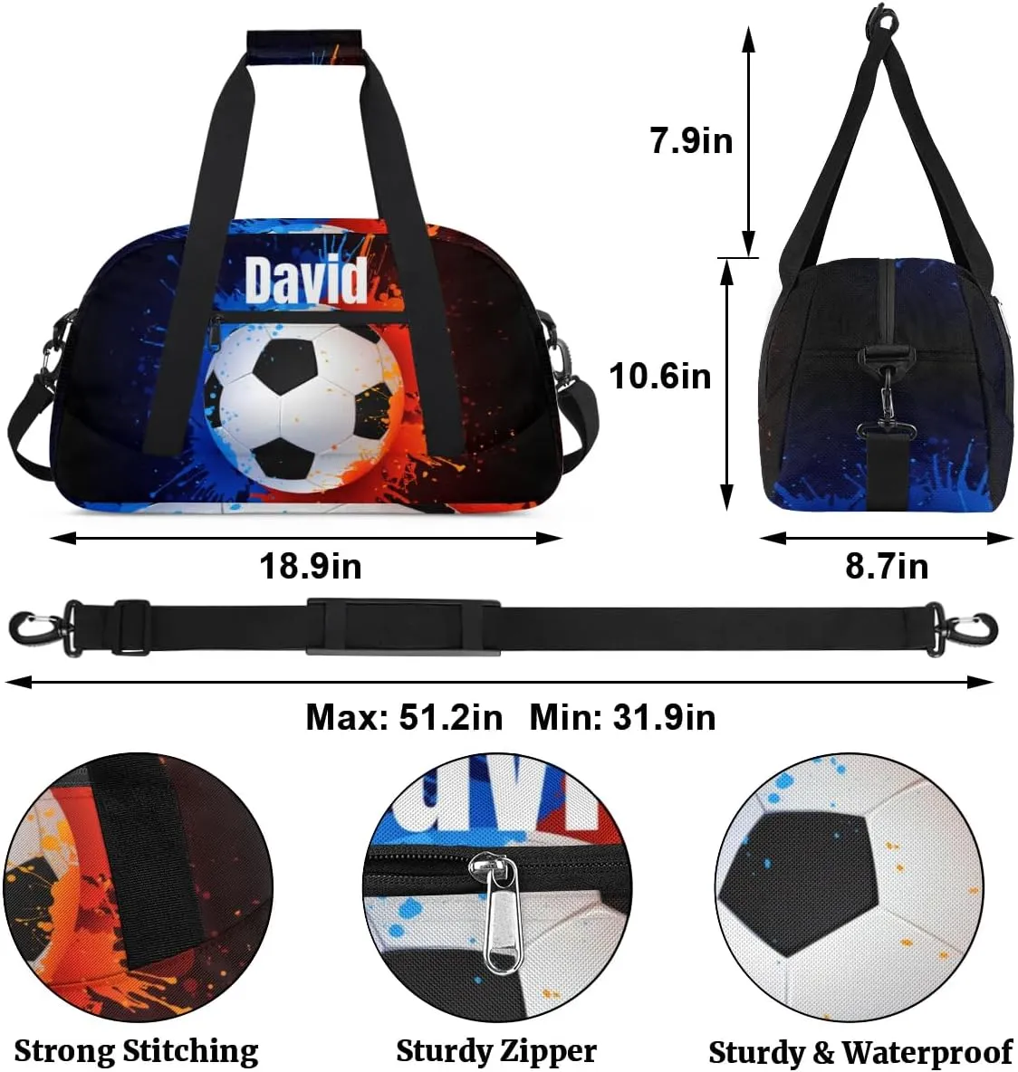 Custom Kids Duffel Bag Sport Gym Bag, Personalized Carry On Weekender Bag Travel Bag Gift for Girl Boys Water Fire Soccer