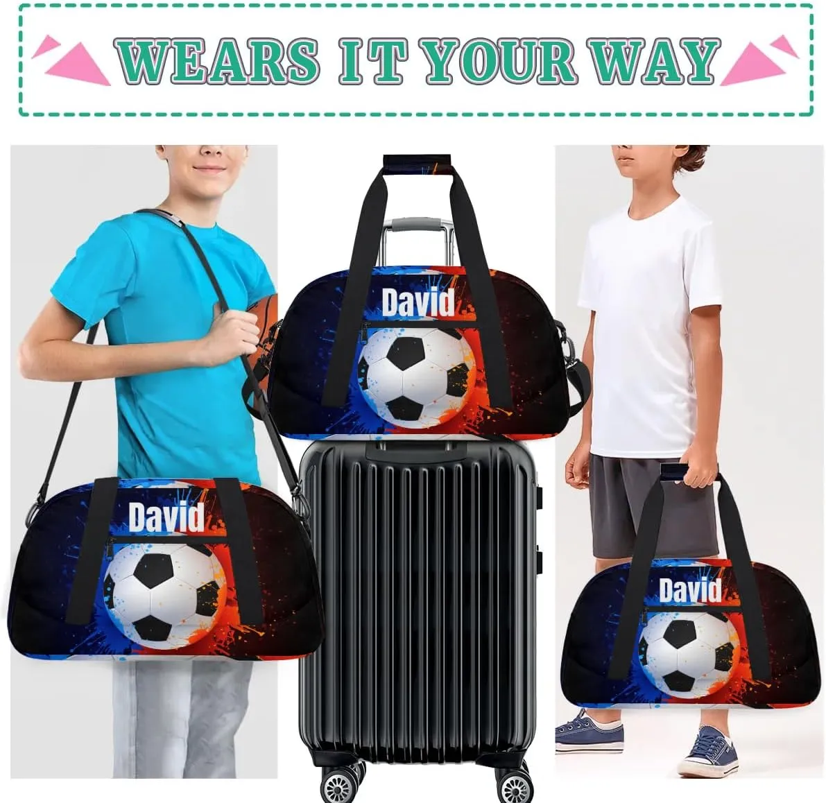 Custom Kids Duffel Bag Sport Gym Bag, Personalized Carry On Weekender Bag Travel Bag Gift for Girl Boys Water Fire Soccer