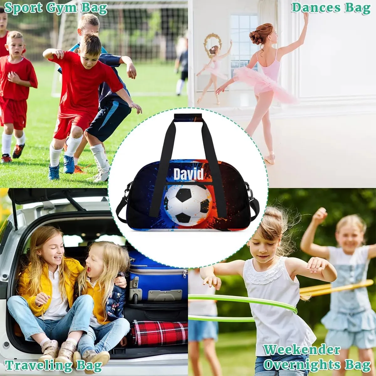 Custom Kids Duffel Bag Sport Gym Bag, Personalized Carry On Weekender Bag Travel Bag Gift for Girl Boys Water Fire Soccer
