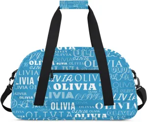 Custom Kids Duffel Bag with Your Name Lightweight Waterproof Personalized Sports Gym Bag with Front Zipper Pocket Foldable Weekender Overnight Bag for School Practice Gymnastic Ballet Sky Blue