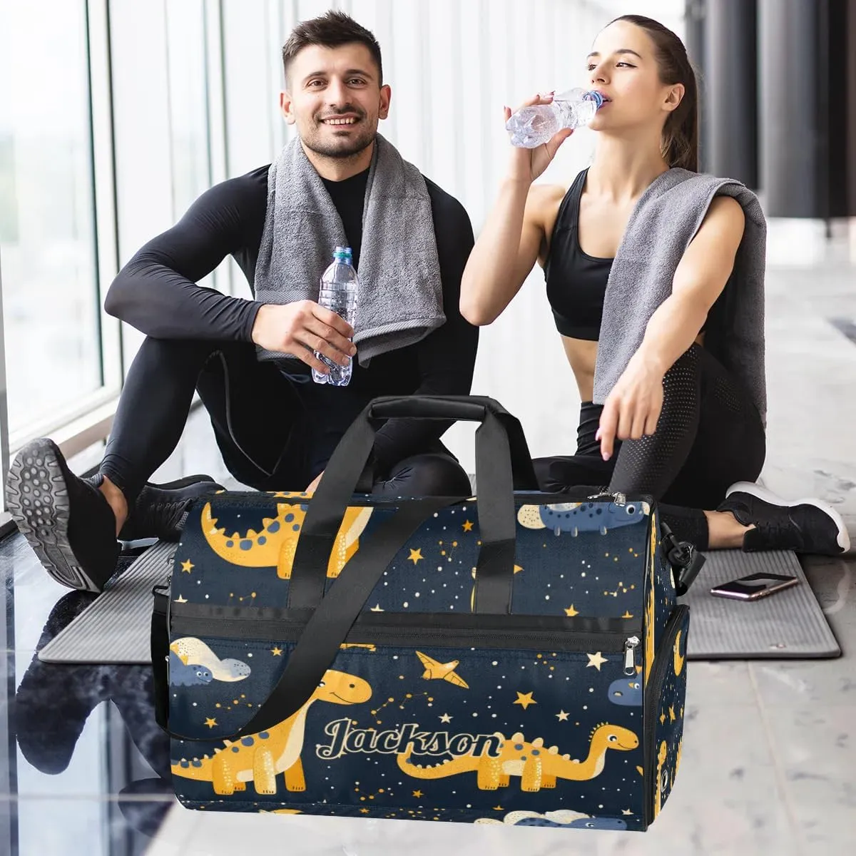Custom Large Duffel Bags for Men Women Overnight Bags Adults Gym Duffel Bag for Training Soccer Swim Yoga Travel Dinosaur Yellow