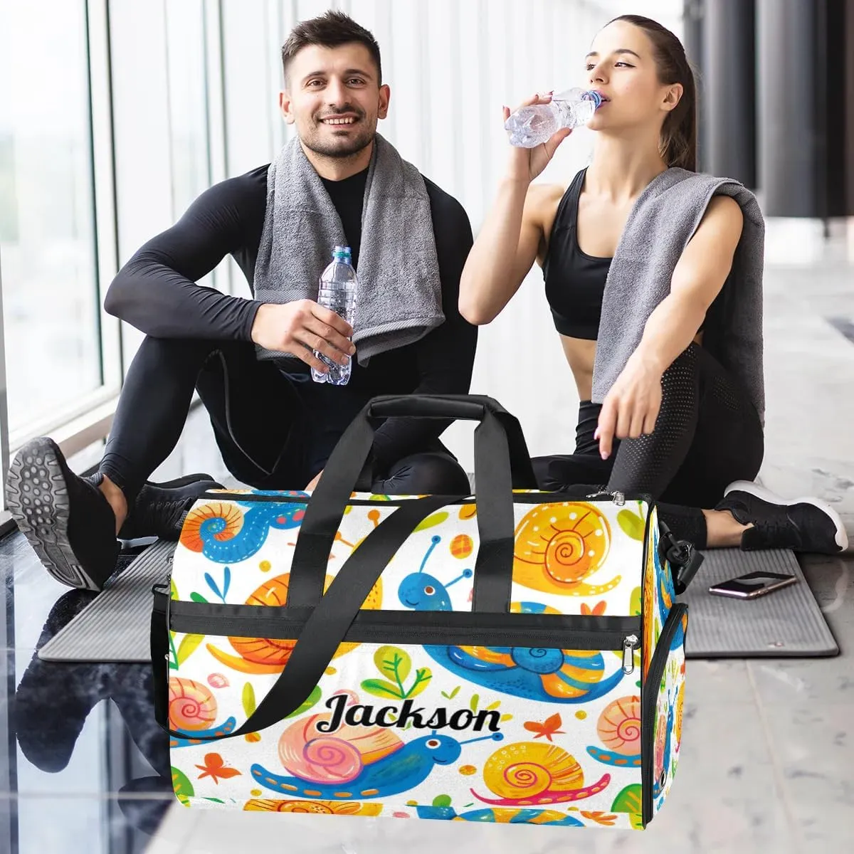 Custom Large Duffel Bags for Men Women Overnight Bags Adults Gym Duffel Bag for Training Soccer Swim Yoga Travel Snails Animals