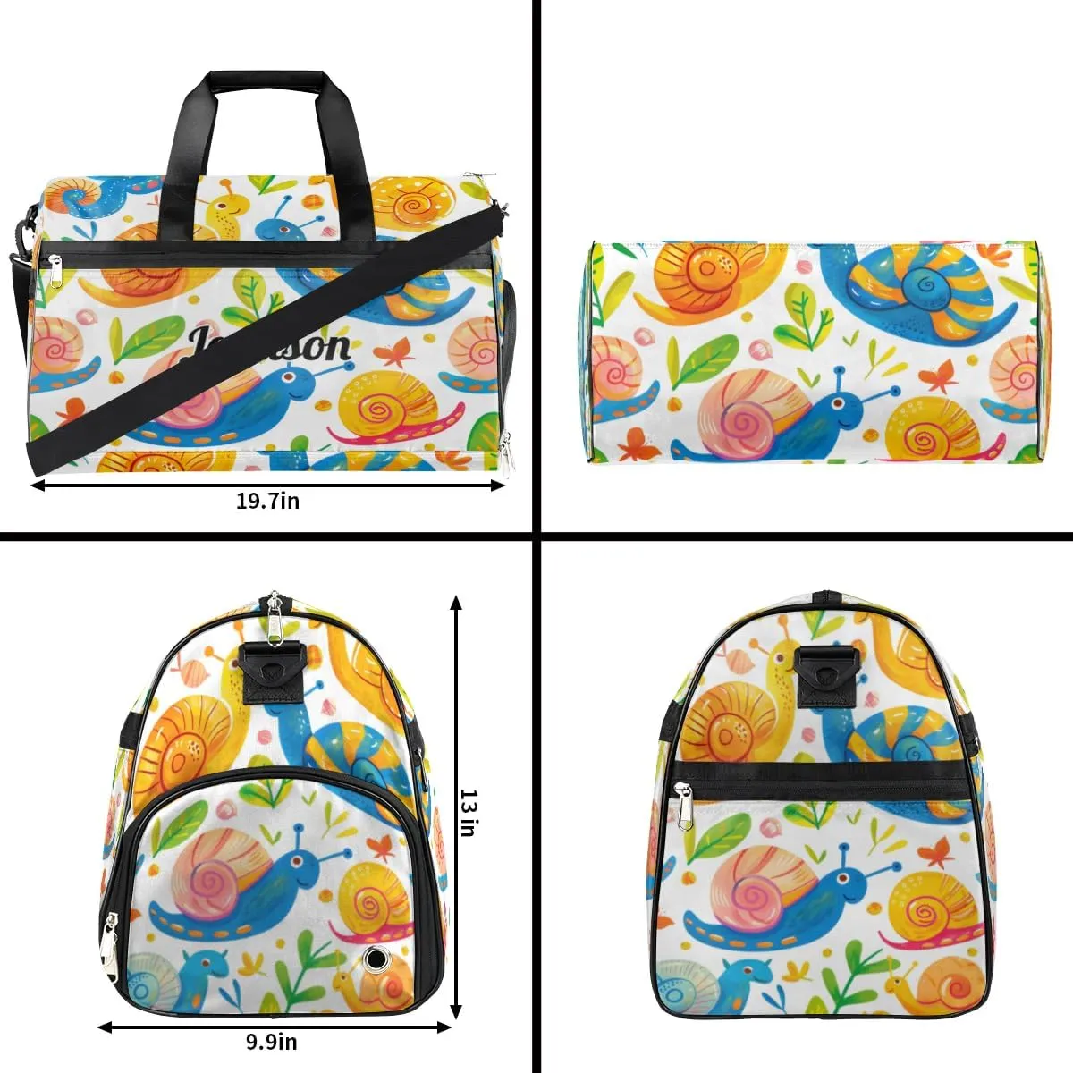 Custom Large Duffel Bags for Men Women Overnight Bags Adults Gym Duffel Bag for Training Soccer Swim Yoga Travel Snails Animals