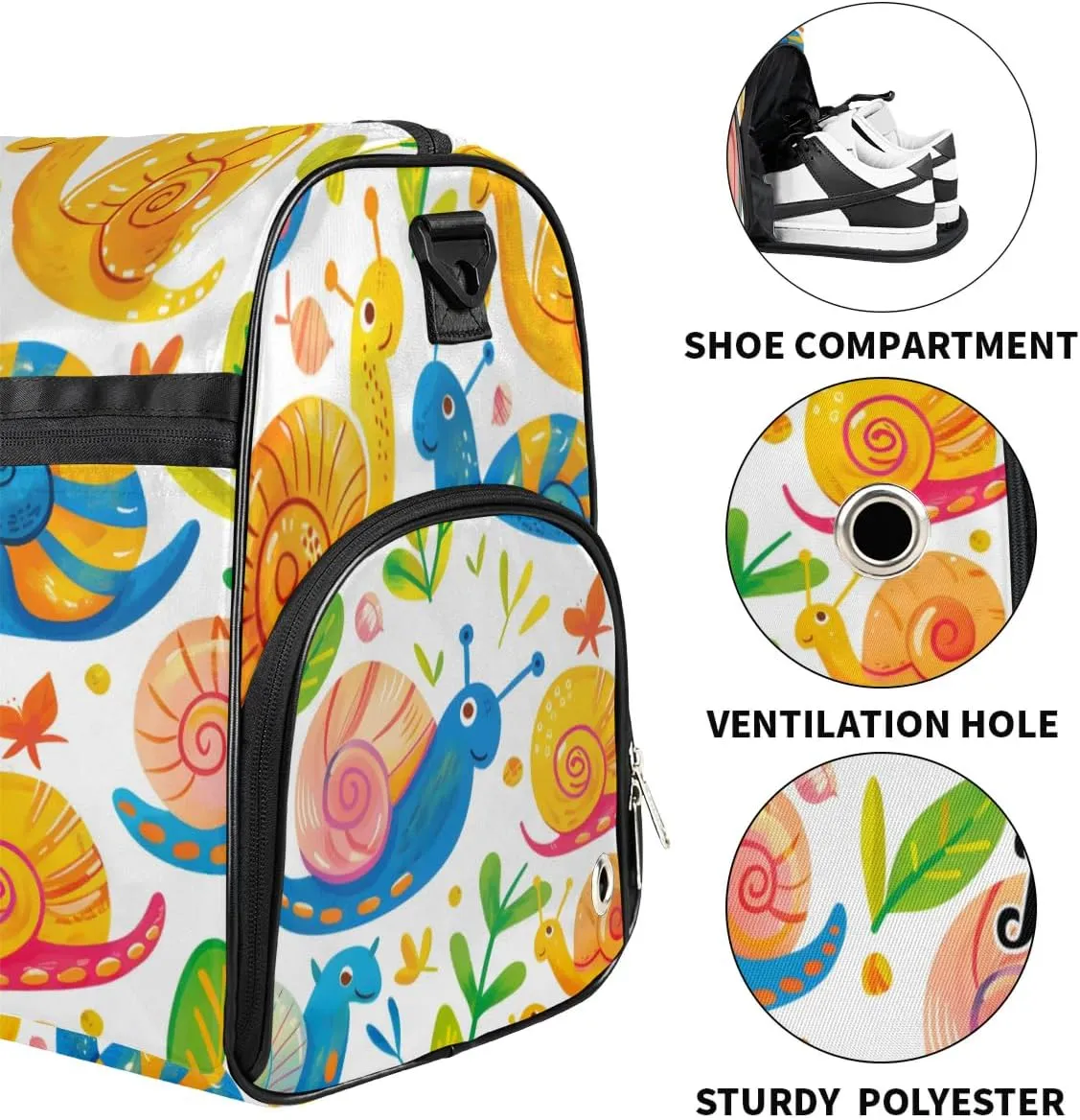 Custom Large Duffel Bags for Men Women Overnight Bags Adults Gym Duffel Bag for Training Soccer Swim Yoga Travel Snails Animals