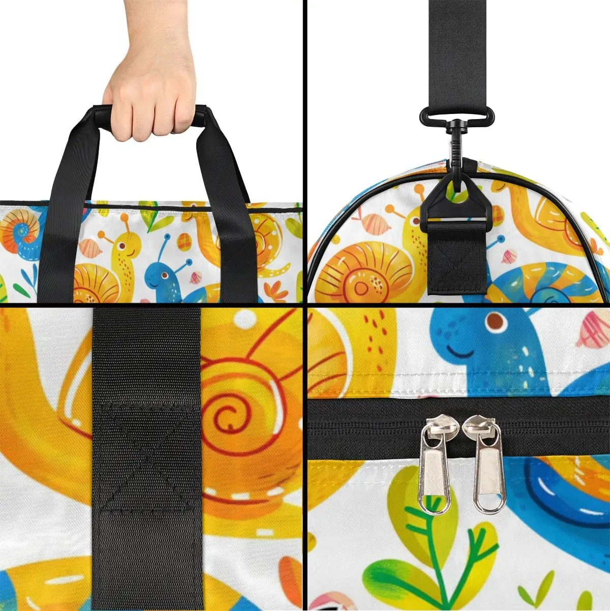 Custom Large Duffel Bags for Men Women Overnight Bags Adults Gym Duffel Bag for Training Soccer Swim Yoga Travel Snails Animals