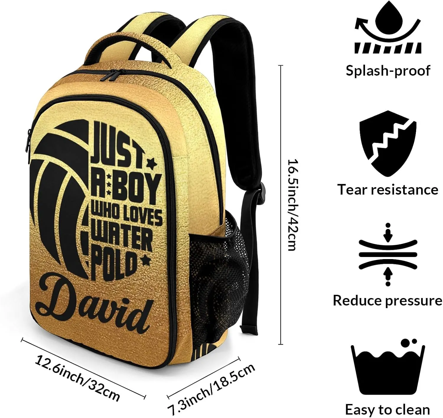 Custom Love Water Polo Backpack Custom Multifunctional Waterproof Laptop Bag for Boy Girl Travel Gift Golden Yellow
