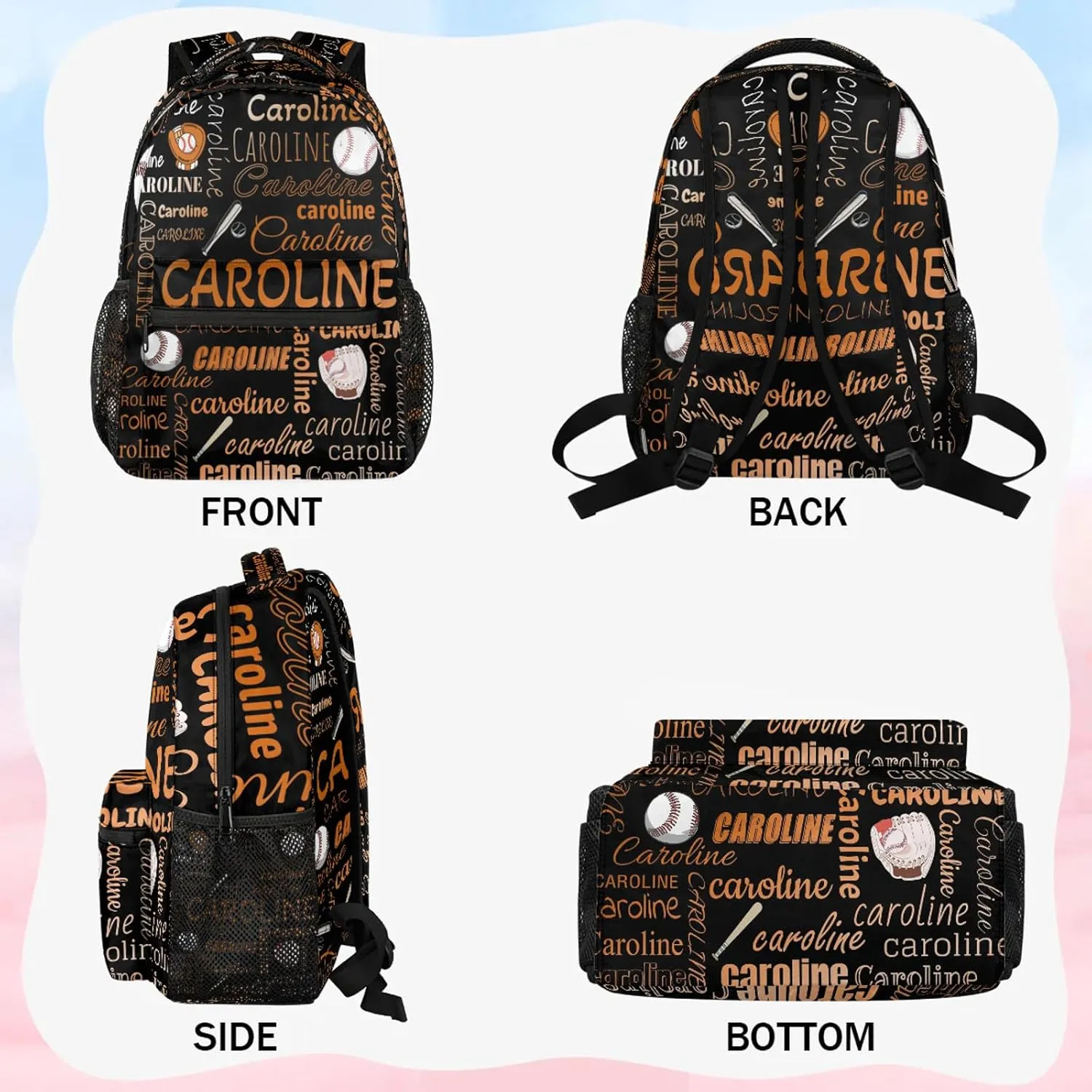 Custom Name Backpack Baseball Lightweight Personalized Shoulder Bag Backpacks Waterproof Casual Daypack Travel Laptop Bag for Travel Work Picnic 16in