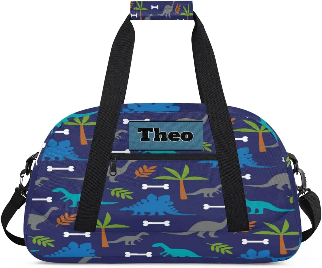 Custom Name Gymnastics Sports Dance Bag, Custom Name Sport Cheerleader Bag, Blue Dinosaurs Tropical Palm Tree Duffel Bag Men