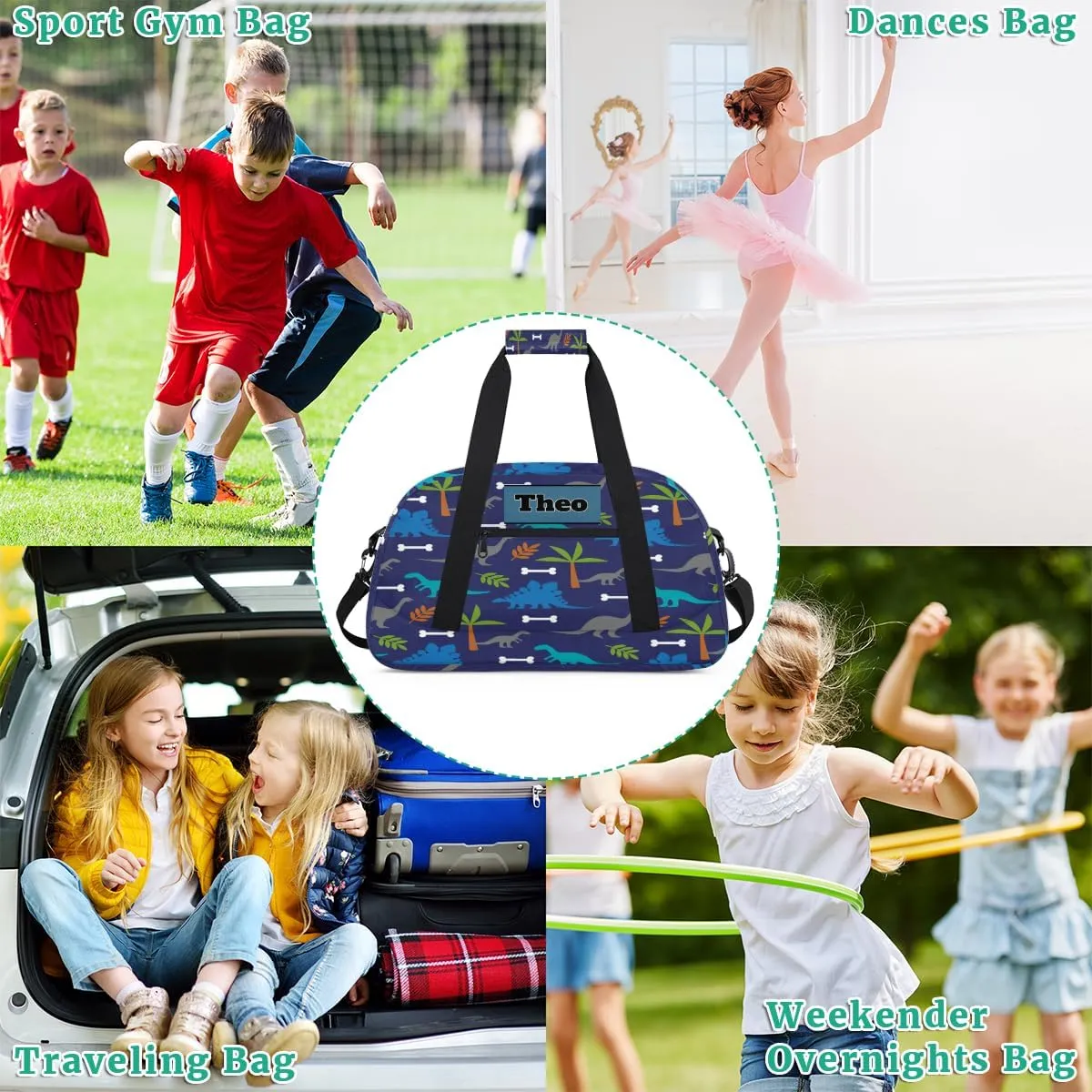Custom Name Gymnastics Sports Dance Bag, Custom Name Sport Cheerleader Bag, Blue Dinosaurs Tropical Palm Tree Duffel Bag Men