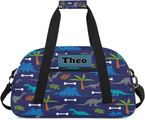 Custom Name Gymnastics Sports Dance Bag, Custom Name Sport Cheerleader Bag, Blue Dinosaurs Tropical Palm Tree Duffel Bag Men