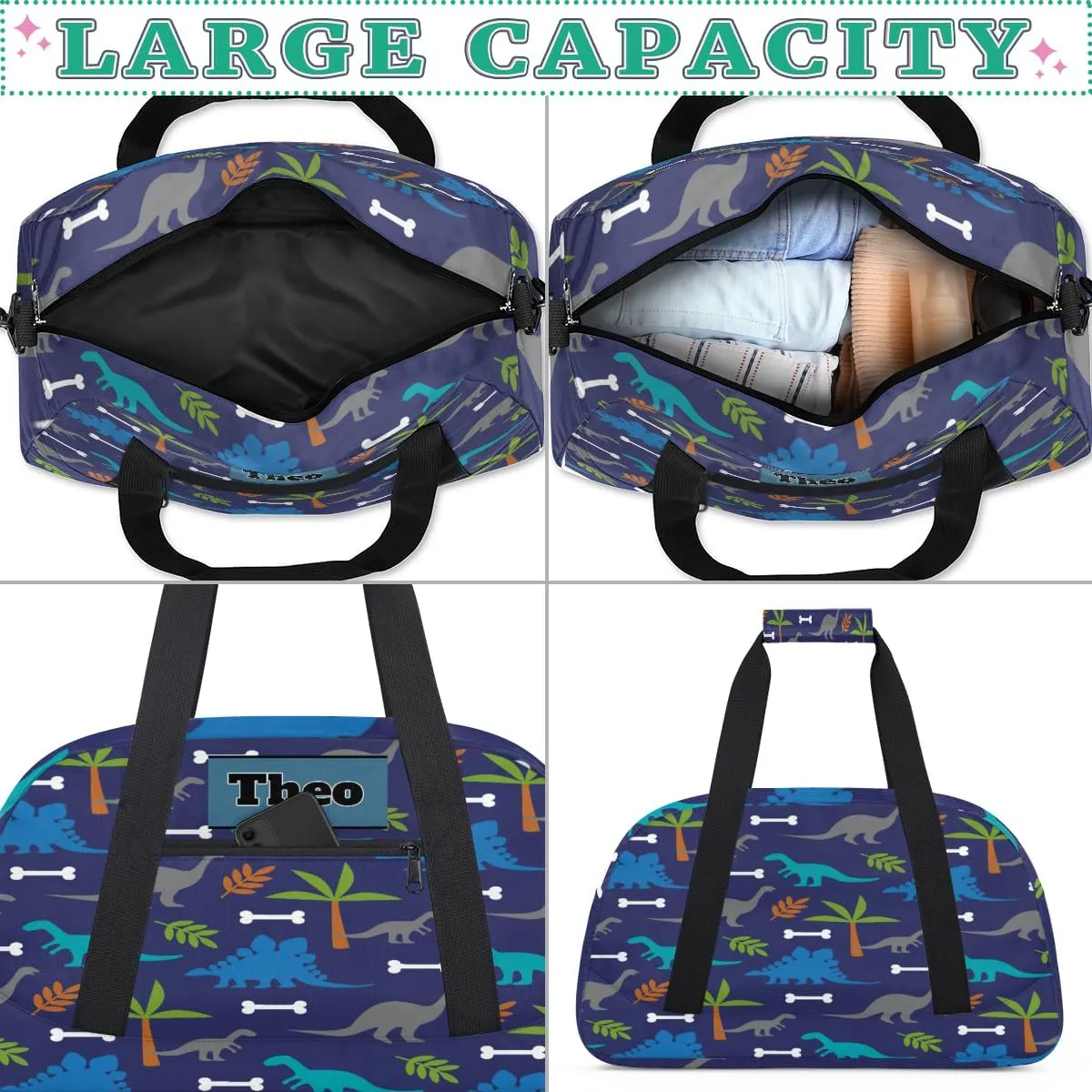 Custom Name Gymnastics Sports Dance Bag, Custom Name Sport Cheerleader Bag, Blue Dinosaurs Tropical Palm Tree Duffel Bag Men