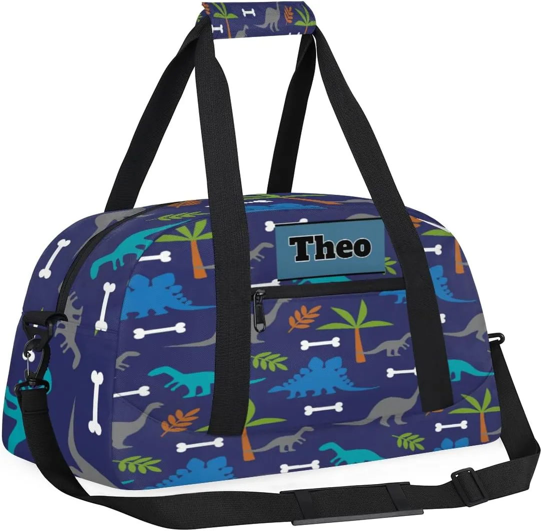Custom Name Gymnastics Sports Dance Bag, Custom Name Sport Cheerleader Bag, Blue Dinosaurs Tropical Palm Tree Duffel Bag Men