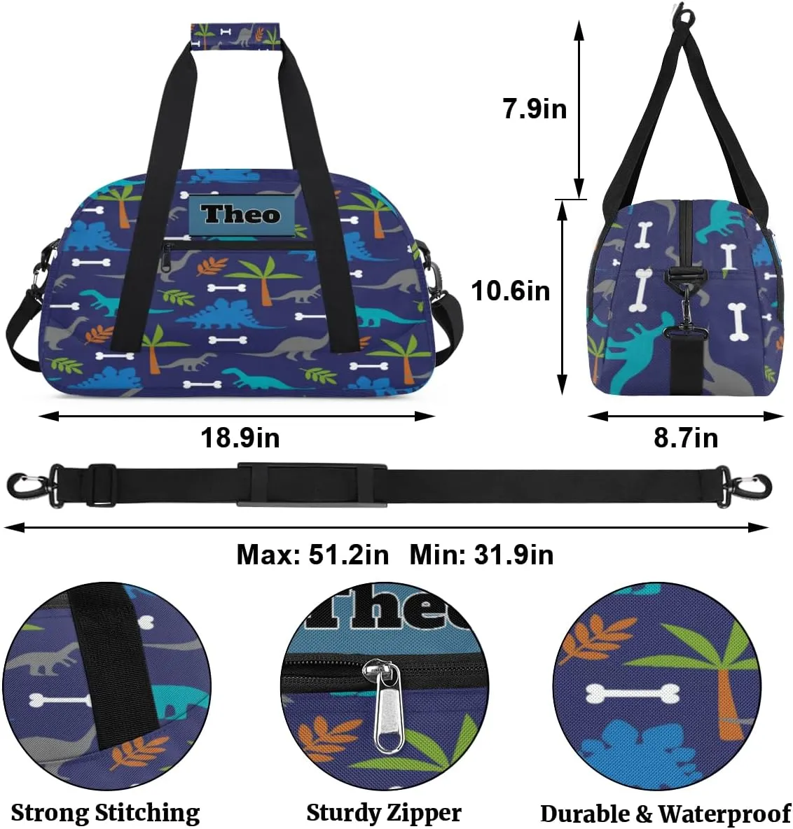 Custom Name Gymnastics Sports Dance Bag, Custom Name Sport Cheerleader Bag, Blue Dinosaurs Tropical Palm Tree Duffel Bag Men