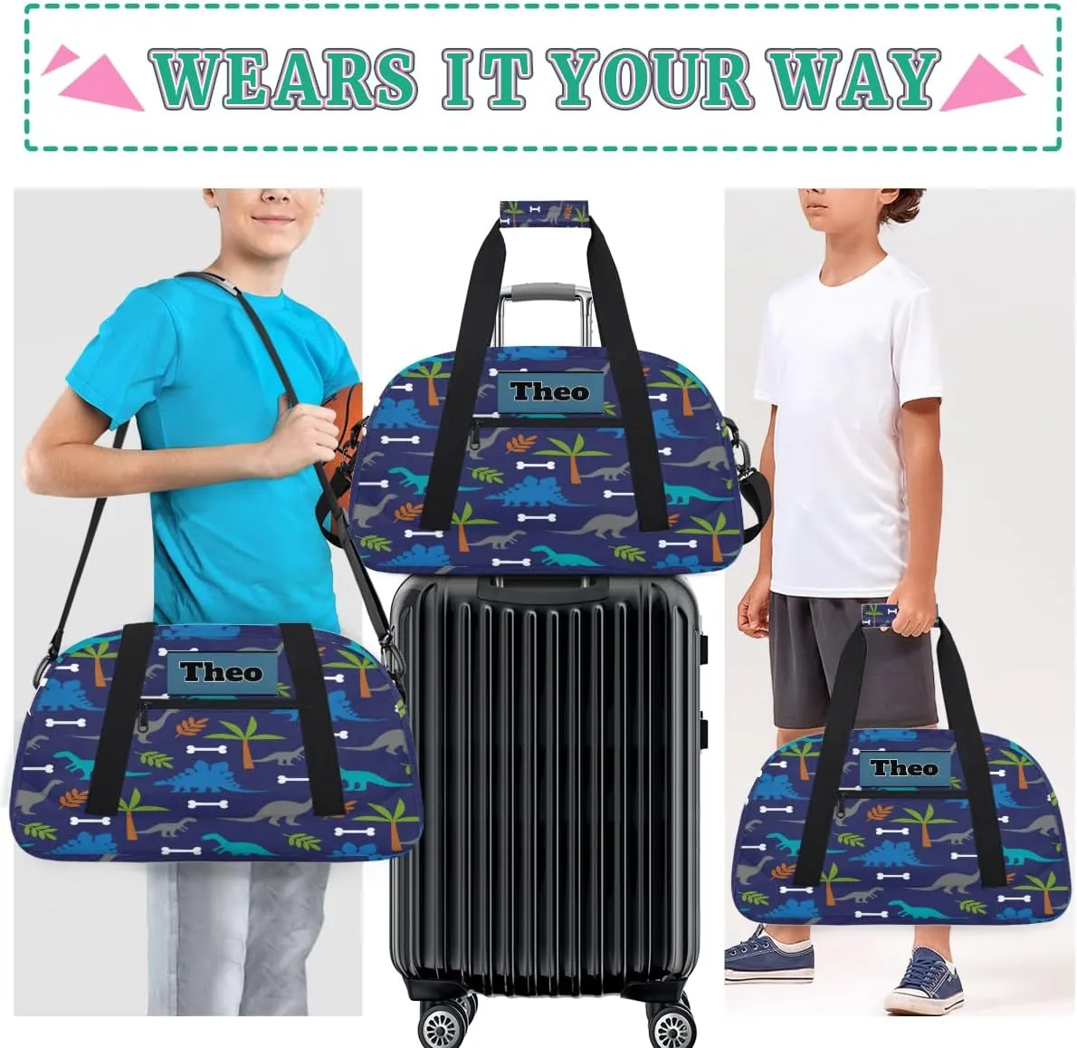 Custom Name Gymnastics Sports Dance Bag, Custom Name Sport Cheerleader Bag, Blue Dinosaurs Tropical Palm Tree Duffel Bag Men