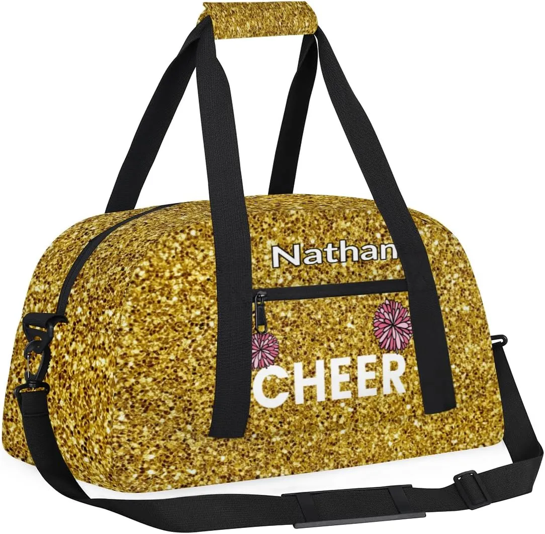 Custom Name Kids Overnight Duffel Bags, Cheer Flower Golden Glitter Cheerleaders Personalized Sport Gym Bag Travel Practice Gymnastics Duffel Bag