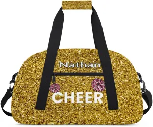 Custom Name Kids Overnight Duffel Bags, Cheer Flower Golden Glitter Cheerleaders Personalized Sport Gym Bag Travel Practice Gymnastics Duffel Bag