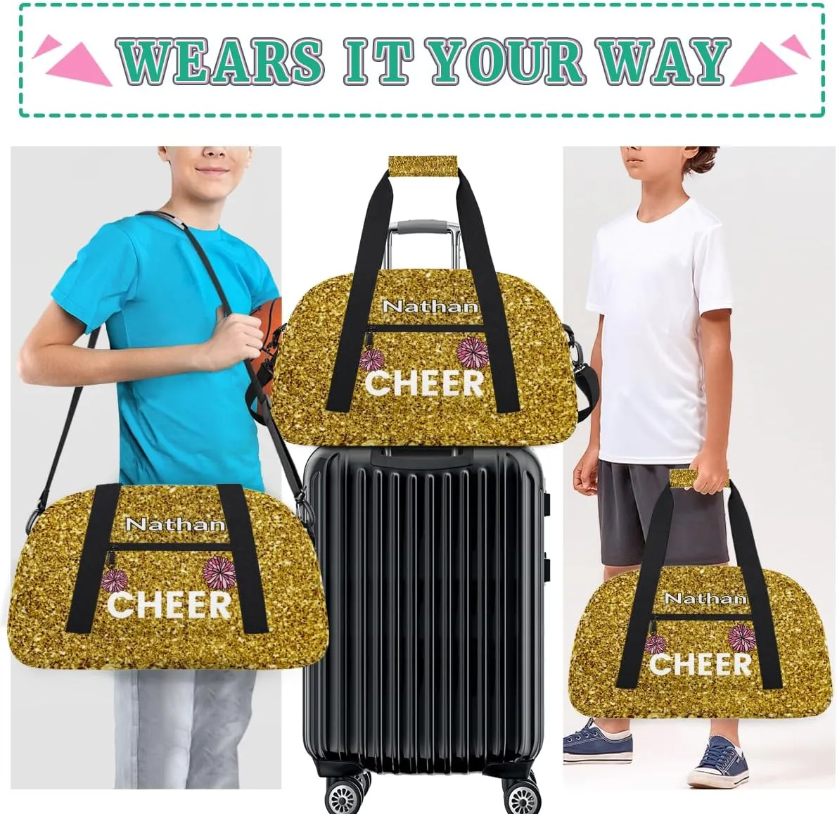 Custom Name Kids Overnight Duffel Bags, Cheer Flower Golden Glitter Cheerleaders Personalized Sport Gym Bag Travel Practice Gymnastics Duffel Bag