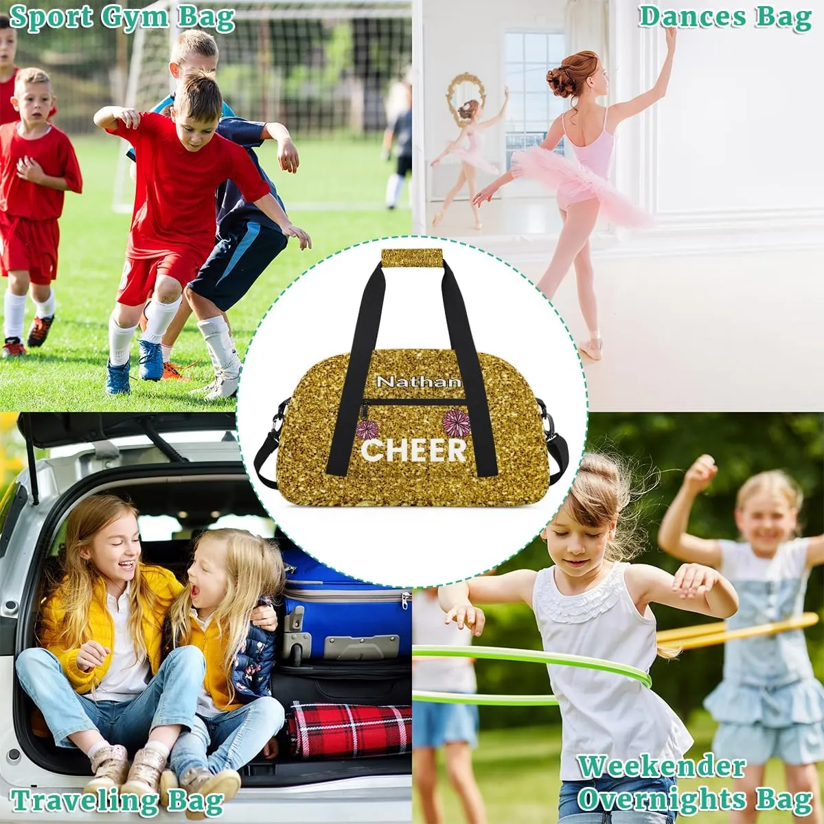 Custom Name Kids Overnight Duffel Bags, Cheer Flower Golden Glitter Cheerleaders Personalized Sport Gym Bag Travel Practice Gymnastics Duffel Bag