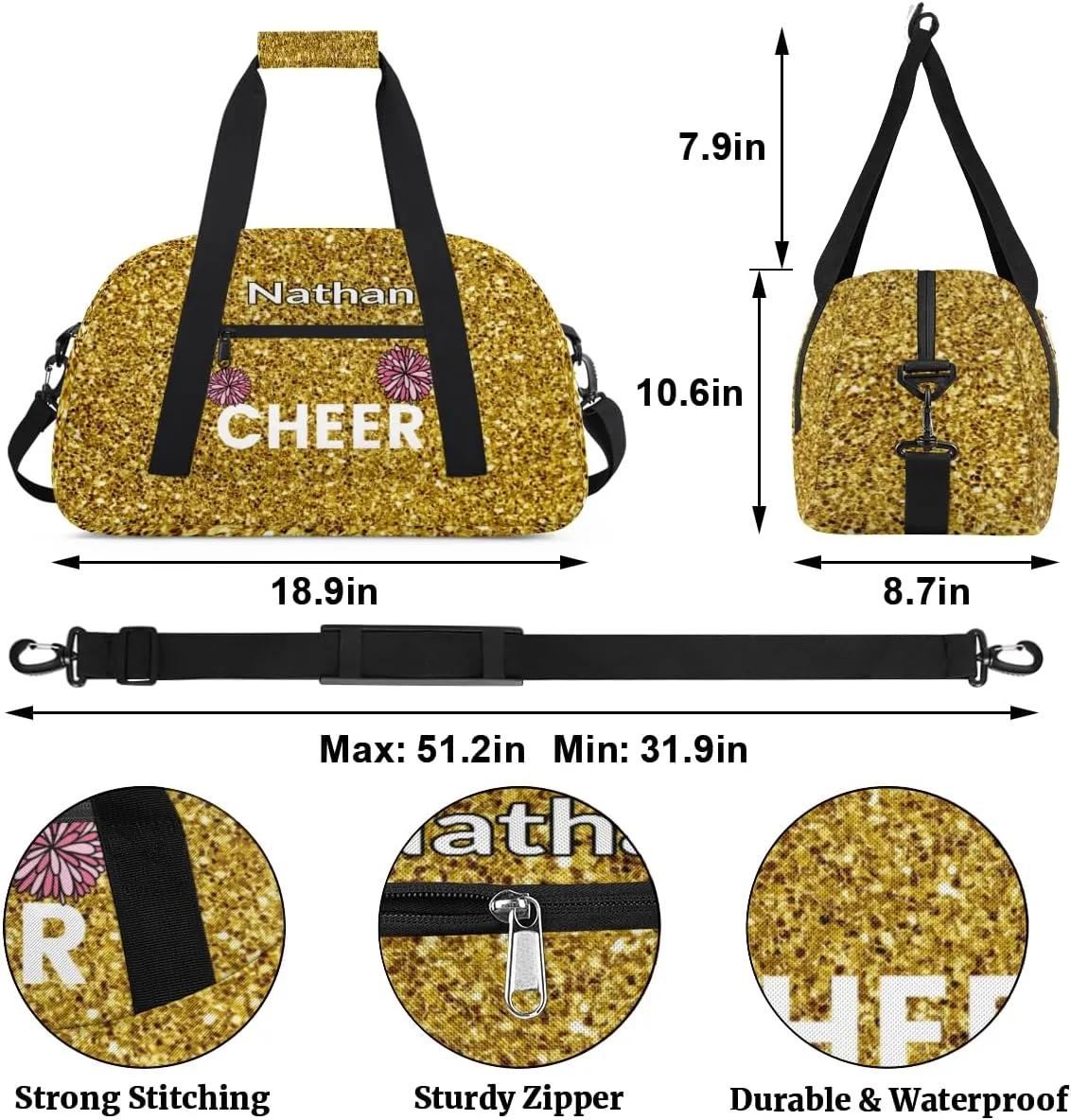 Custom Name Kids Overnight Duffel Bags, Cheer Flower Golden Glitter Cheerleaders Personalized Sport Gym Bag Travel Practice Gymnastics Duffel Bag