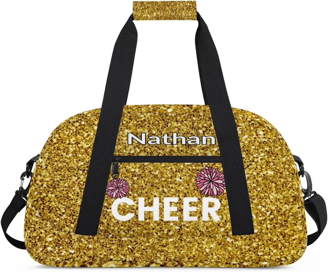 Custom Name Kids Overnight Duffel Bags, Cheer Flower Golden Glitter Cheerleaders Personalized Sport Gym Bag Travel Practice Gymnastics Duffel Bag